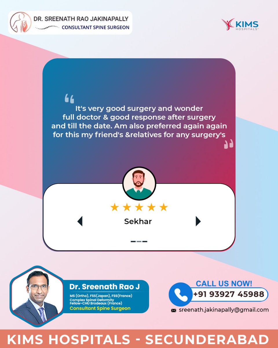 Grateful for our patient's kind words! 🙏 Your trust fuels our commitment to exceptional care.
#drsreenath #secunderabad #PatientReview #HappyPatients #PatientReview #HappyPatients #FeedbackAppreciated #QualityCare #HealthcareExperience #SatisfiedPatients #Grateful