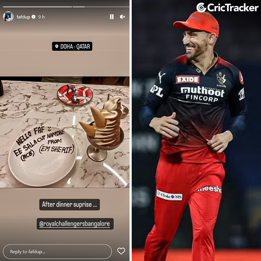 Cricketracker's tweet photo. RCB captain Faf du Plessis receives 'after dinner surprise' in Qatar. https://t.co/mWH4fjycUu