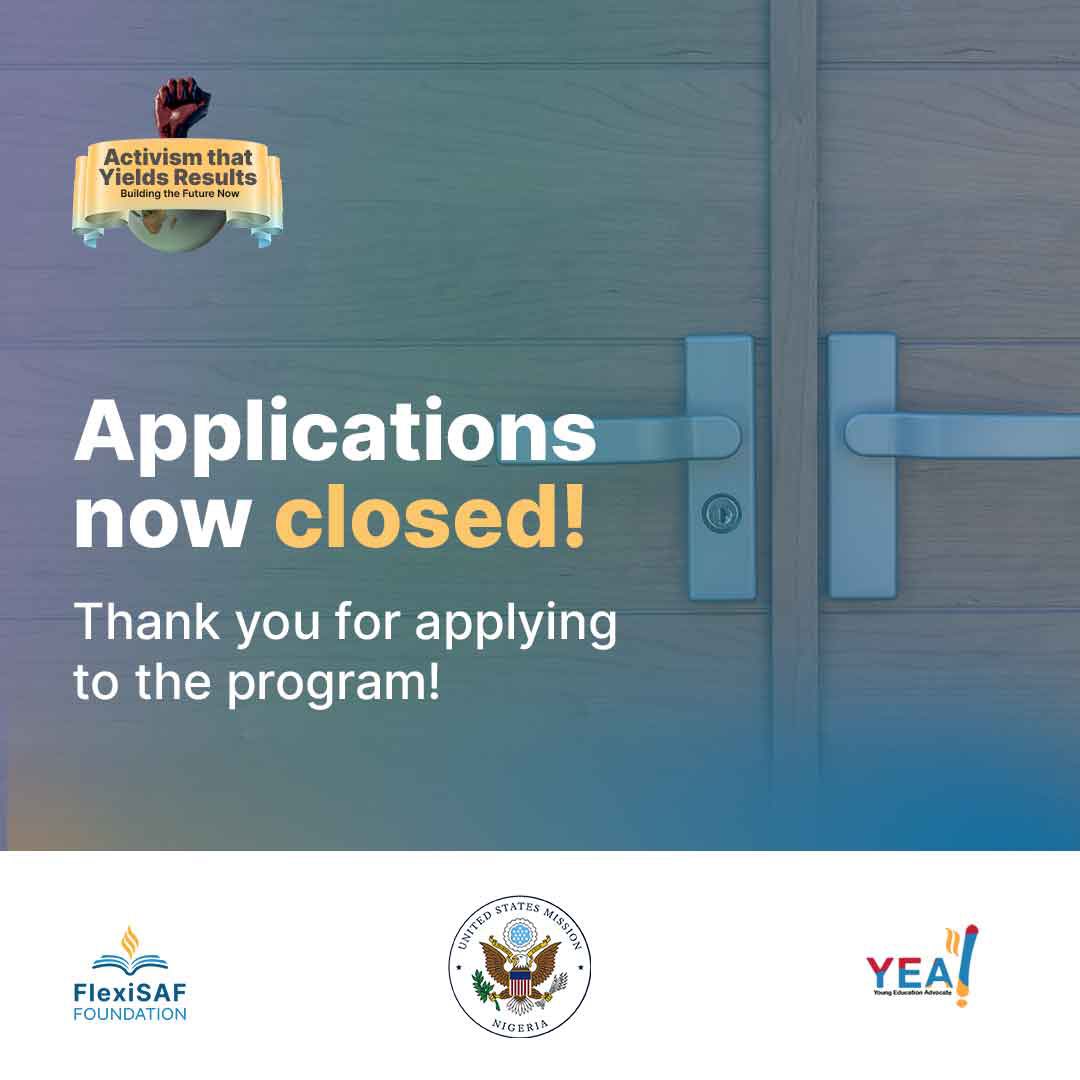 Flexisaf_fdn's tweet image. Applications are officially closed! Thank you to all who applied. Stay tuned for updates! 

#ActivismTraining #ApplicationsClosed #YouthActivism #YouthEmpowerment