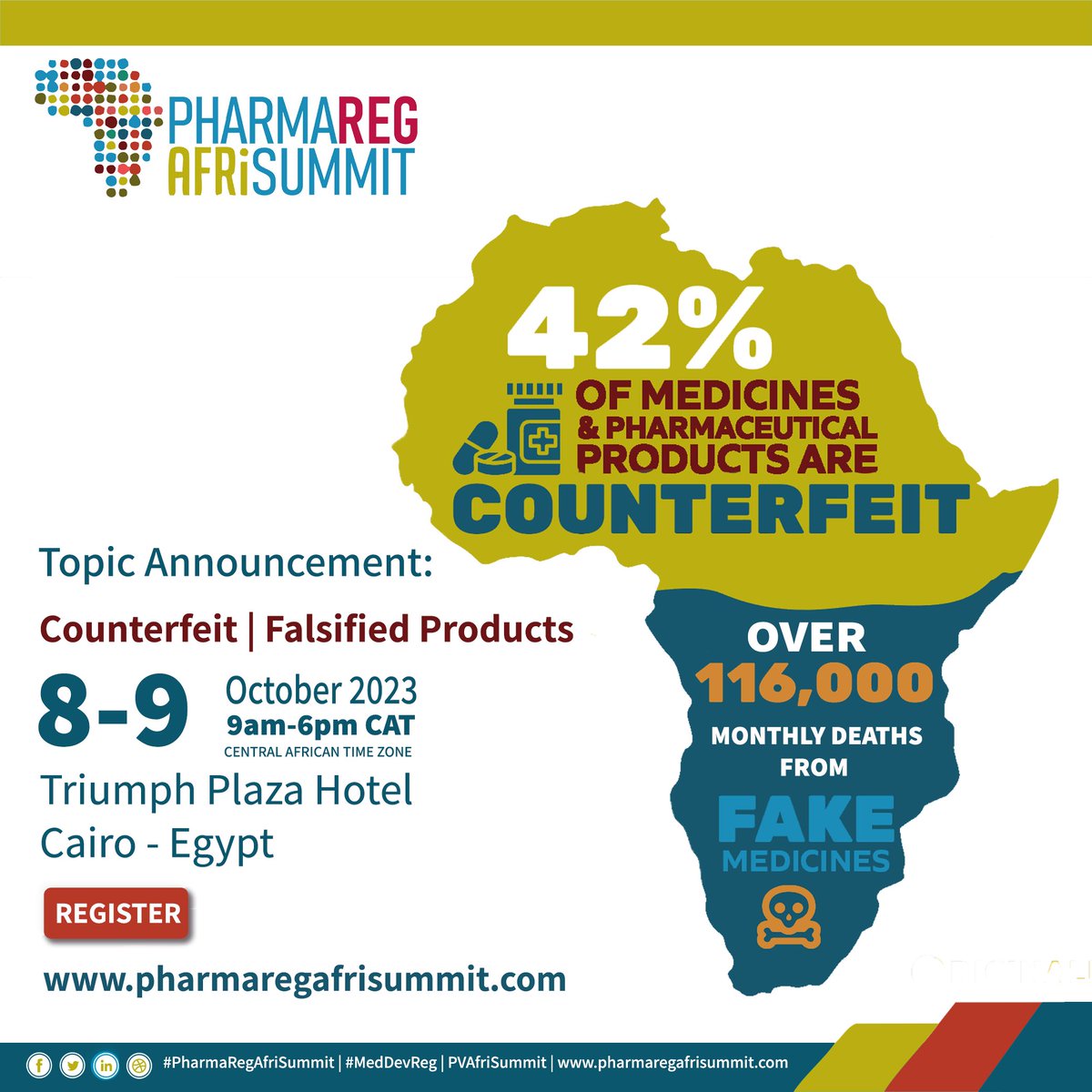 Join #PharmaRegAfriSummit 2023 for a vital #session on #Counterfeit/#Falsified Products in #Cairo #Egypt:

🗓️ Date: Oct 8-9, 2023 
🏨 Venue: Triumph Plaza Hotel

Identifying counterfeit medicines.

Register: pharmaregafrisummit.com
#HealthcareSafety #AfriSummit #pharmaceutical