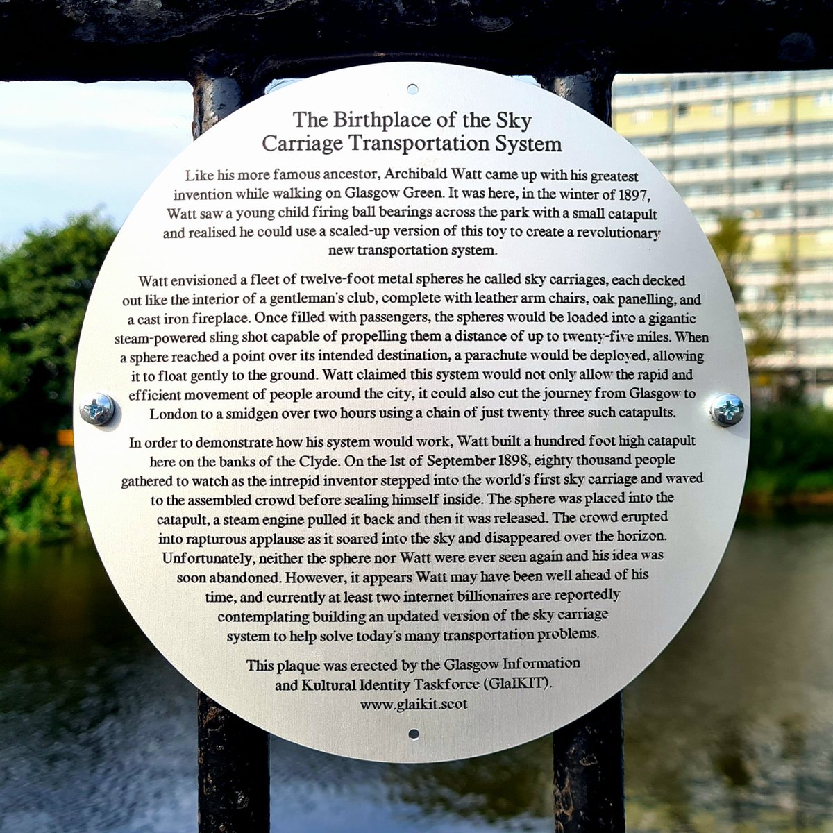Exactly 125 years ago today, Archibald Watt tested his revolutionary new transportation system for the very first time, and we've marked the ocasion with a brand new plaque on the spot where it happened on Glasgow Green! #glasgow #glasgowhumour #glaikit #glasgowgreen #humour