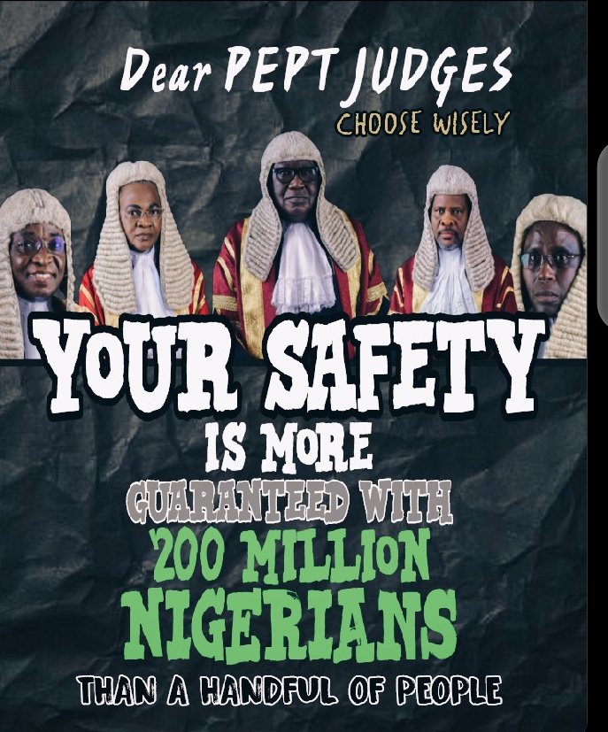 A Message To The 5 appeal court justices - you are safer in the hands of well meaning Nigerians than in the hands of drug mafias, murderers and cultists. Tinubu's disqualification is sacrosanct 📌
#AllEyesOnTheJudiciary 
#TinubuMUSTbeDisqualified