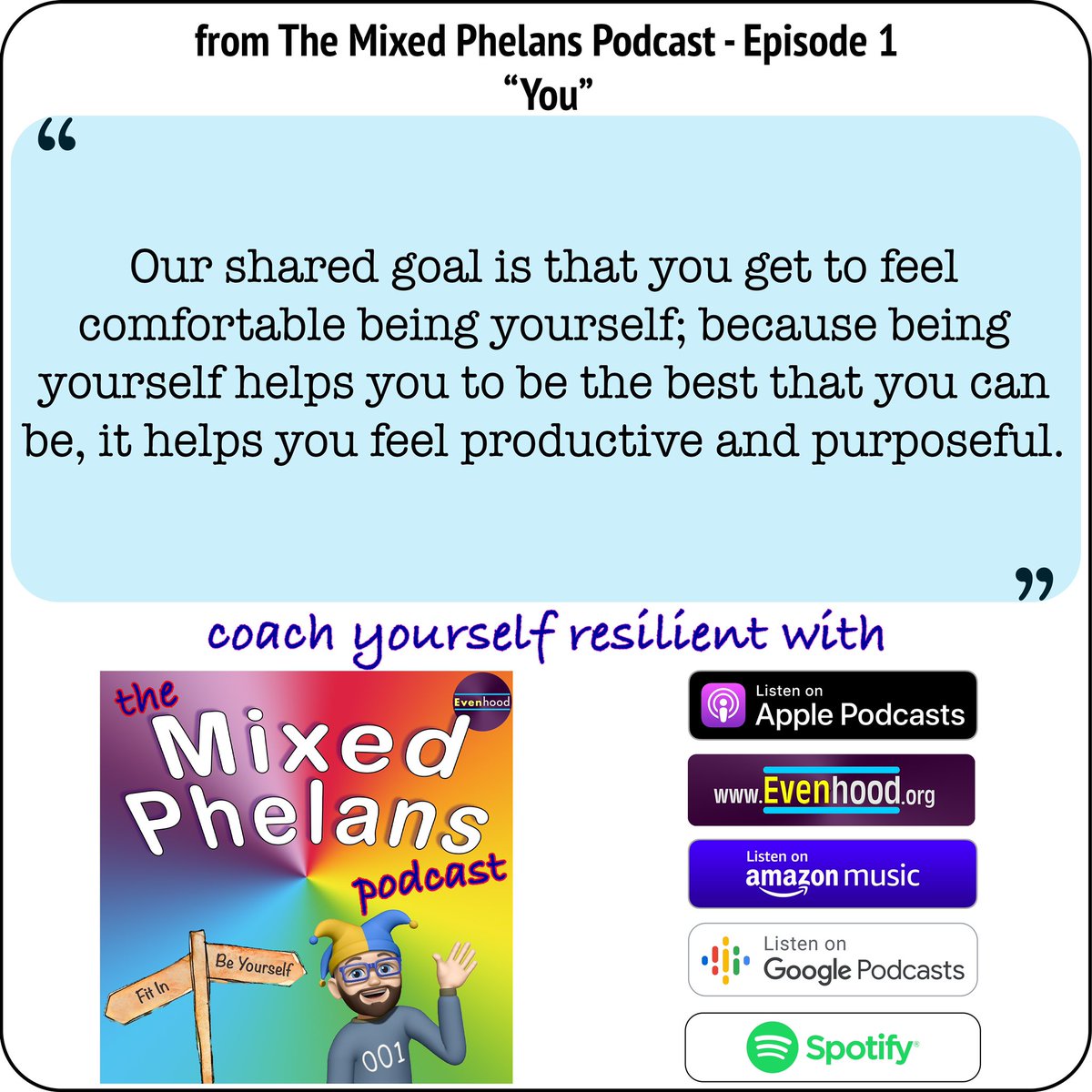 Coach yourself resilient. Free podcast. No ads. No sales. No subscribe. Just you and guided coaching. Give it a whirl - you’ve got resilience to gain and nothing to lose. #Resilient #Wellbeing #BeYourself #Evenhood #MentalHealth open.spotify.com/episode/6b1a6e…