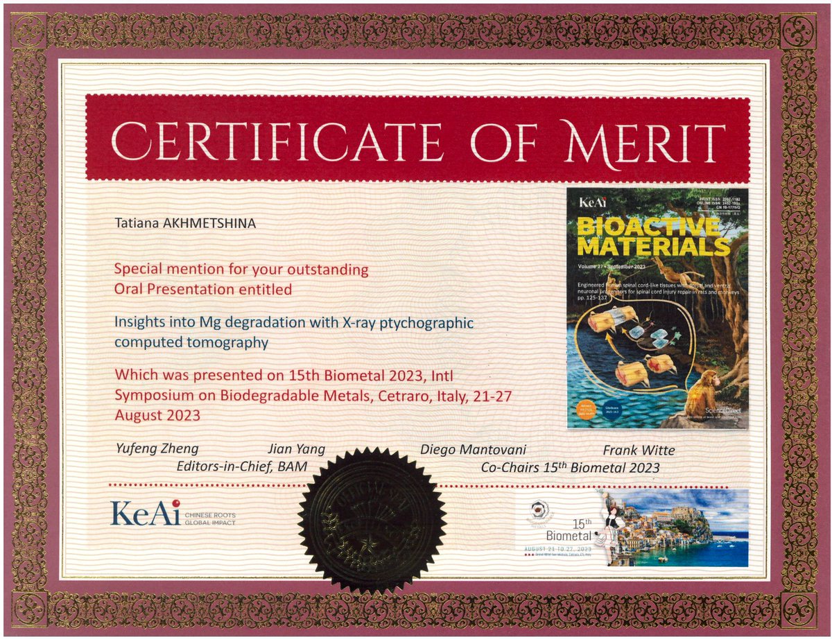 Tatiana also presented her poster in a short oral talk at the 15th Biometal conference, and impressed the committee so much that she was additionally bestowed with an Oral Presentation Award. Our heartiest congratulations! <a href="/ETH_Materials/">ETH Department of Materials</a>, <a href="/ETH_en/">ETH Zurich</a>, biodegradablemetals.org
(3/6)