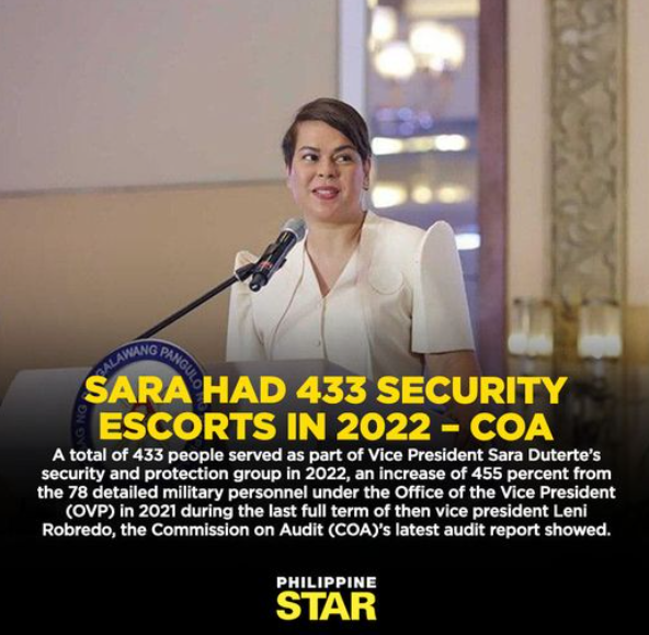 CheekyLady1027's tweet photo. VP Sara had 433 security escorts 2022.   Leni had 78 military personnel in 2021.  

E bakit nga naman bibigyan ng sangkatutak na escort ang obvious e friend ng makakaliwa?    O, triggered na naman ang mga Kakampeste at NPA dyarrn. HAHAHA! https://t.co/aSDJNjqXoE