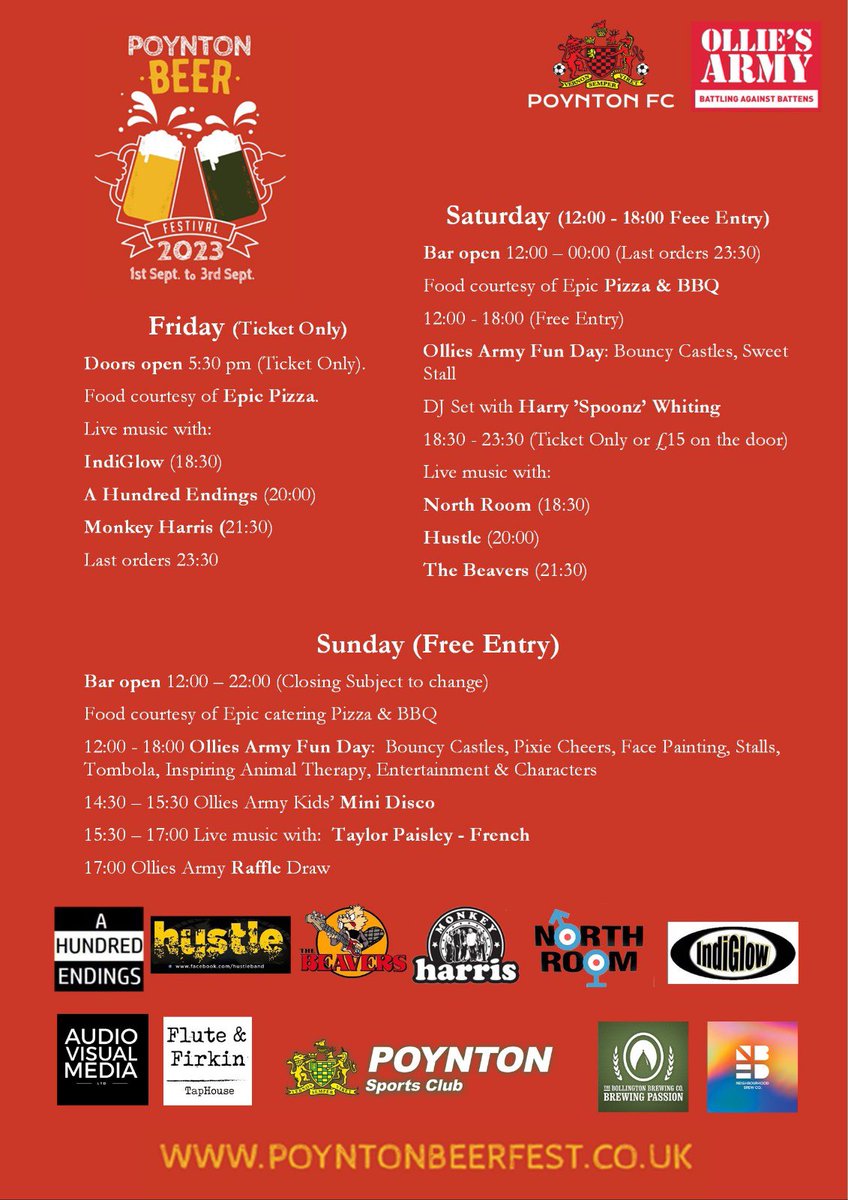 PoyntonFC's tweet photo. It’s Beer Fest Time 🍻
Friday has sold out but Saturday evening entry is via advance ticket or entry at the door (£15) subject to availability.

Saturday (12-6pm) is free to attend, as is Sunday all day.
Thanks again to all our fantastic sponsors 👋 https://t.co/HnlvLRpVe3