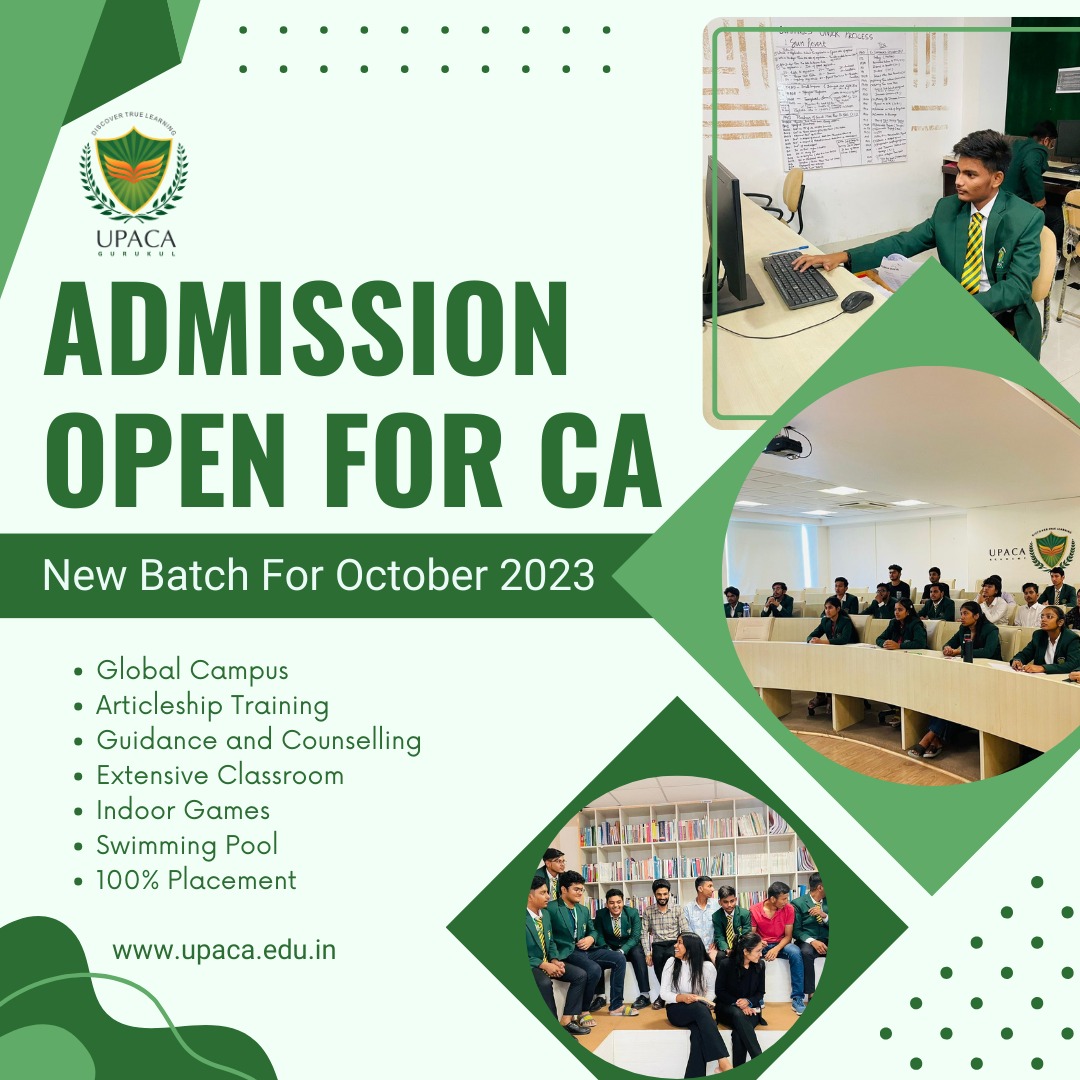 Admission is now open for the CA program at Upaca Gurukul's new batch starting in October 2023. 
#AdmissionOpen #CAProgram #NewBatch #GlobalCampus #ArticleshipTraining #GuidanceandCounselling #ExtensiveClassroom #IndoorGames #SwimmingPool #PlacementAssistance #UpacaGurukul