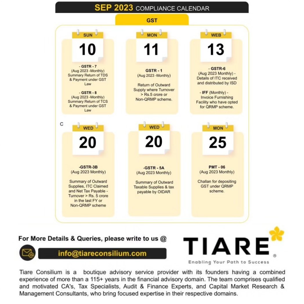 tiareconsilium's tweet photo. We have listed the key reporting forms and due dates on our corporate #compliancecalendar for Sept 2023.

Get in touch with our experts at  +91 9611719808 &amp; do visit our website https://t.co/ytMB4KTIpx

#compliances #duedates #compliance #corporate #tds #tcs #GST #incometax #ROC https://t.co/12miwGh8n2