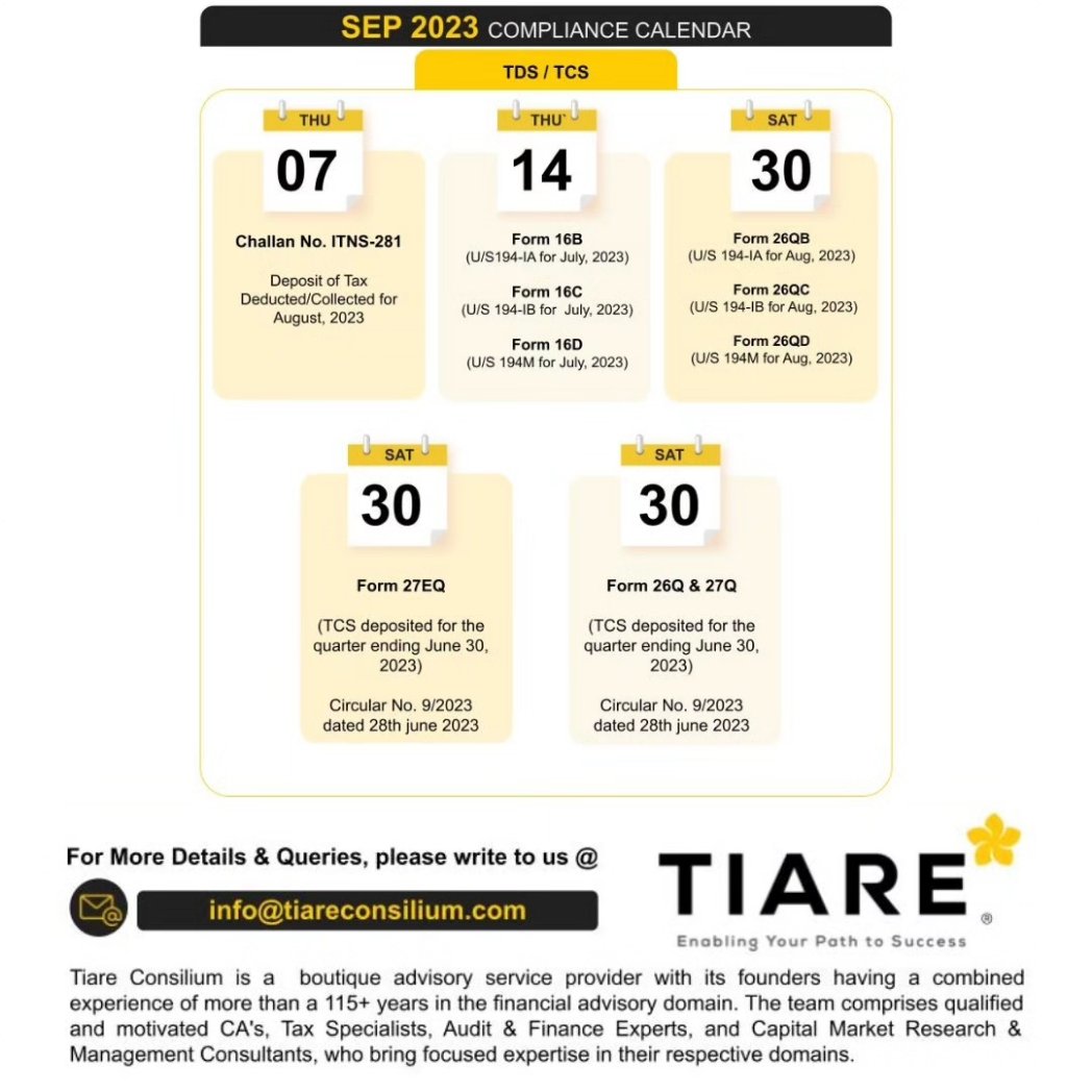 tiareconsilium's tweet photo. We have listed the key reporting forms and due dates on our corporate #compliancecalendar for Sept 2023.

Get in touch with our experts at  +91 9611719808 &amp; do visit our website https://t.co/ytMB4KTIpx

#compliances #duedates #compliance #corporate #tds #tcs #GST #incometax #ROC https://t.co/12miwGh8n2
