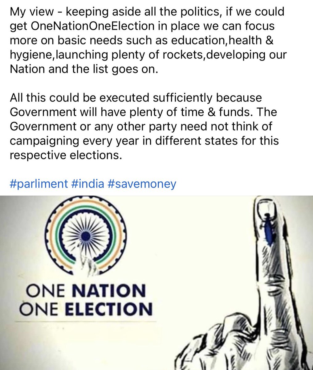 nagaraj_v1's tweet photo. #ISupportOneNationOneElection
My view keeping aside all the politics, if we could get OneNationOneElection in place we can focus more on basic needs such as education,health & hygiene launching plenty of rockets,developing our Nation and the list goes on
#OneNationOneElection https://t.co/FEwYLnVu7B