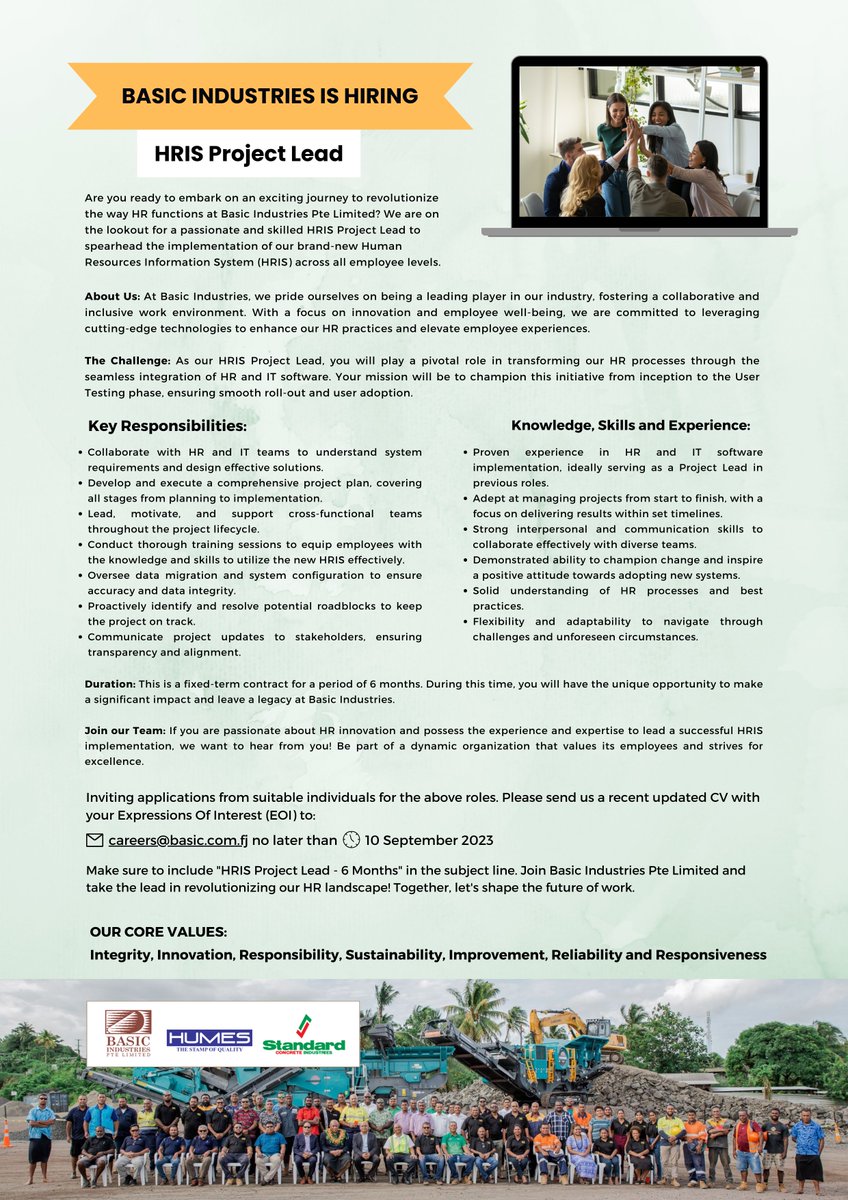 #NowHiring  HRIS Project Lead to spearhead the implementation of our brand-new HR Information System (HRIS) across all employee levels. Join Basic Industries Pte Limited and take the lead in revolutionizing our HR landscape! Pls read JD attached &amp; apply b4 Sep 10 2023.