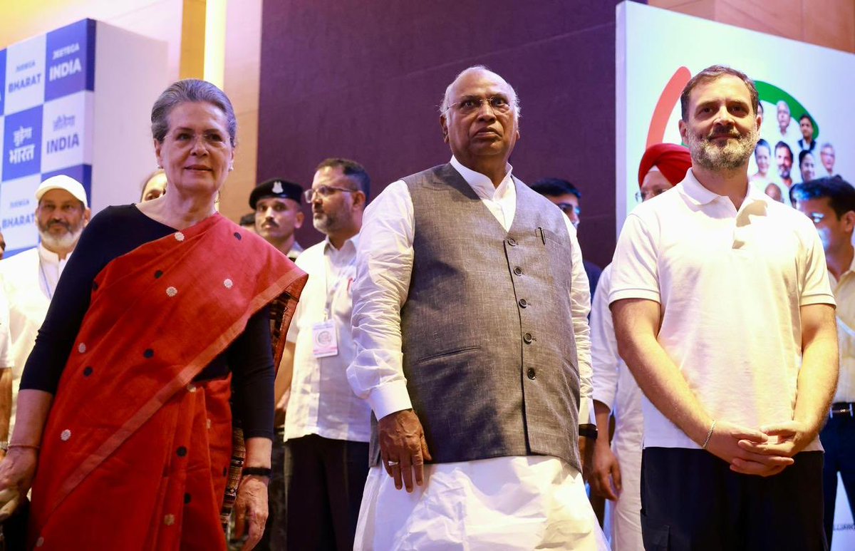 Congress president Mallikarjun Kharge and two ex Congress party president Sonia Gandhi and Rahul Gandhi at Opposition's meet — INDIA at hotel Grand Hayat.