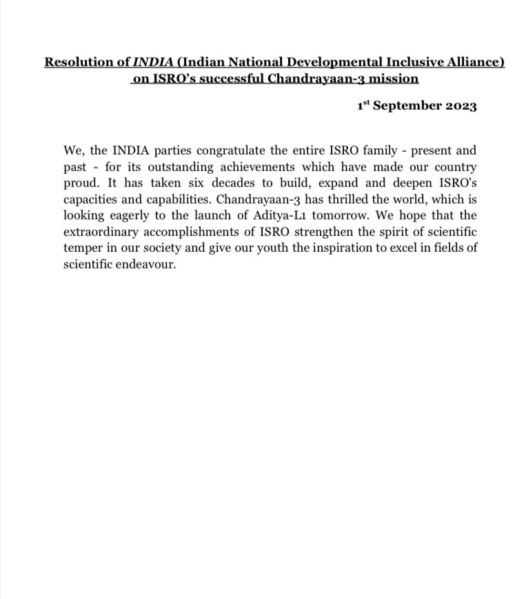 Jairam_Ramesh's tweet photo. Resolution of INDIA (Indian National Developmental Inclusive Alliance) on ISRO’s successful Chandrayaan-3 mission has just been passed. https://t.co/je7zTUmcF9