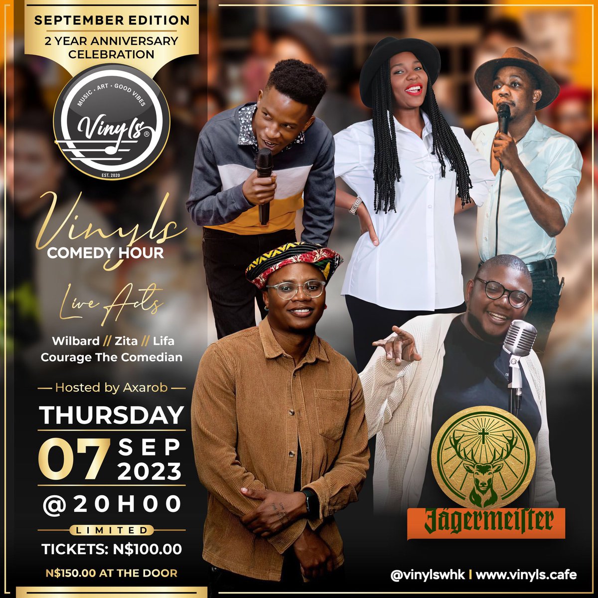 VernxnvW's tweet photo. 2 YEARS OF VINYLS COMEDY HOUR 🍾

Let’s celebrate together at the September edition hosted by @axarob_ live from @vinylswhk 📍Thursday, 07th Sept. | 20:00 📌

Tickets now available for N$100.00🎫 DM me to secure yours or buy at Vinyls Music Cafe. https://t.co/r6fD2sftMT