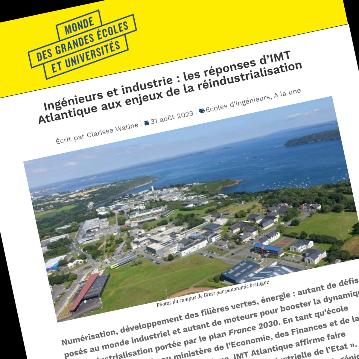🗞 [Presse]
Quelles actions l'école développe-t-elle pour répondre aux enjeux de la #réindustrialisation de la #France ?
Les réponses d’#IMTAtlantique par <a href="/ClarisseWatine/">Clarisse Watine</a>  du <a href="/mondedesgeu/">Monde des Grandes Écoles et Universités</a> 👉bit.ly/3r3SFWF
#ingénieure #ingénieur #industrie #recherche #France2030
