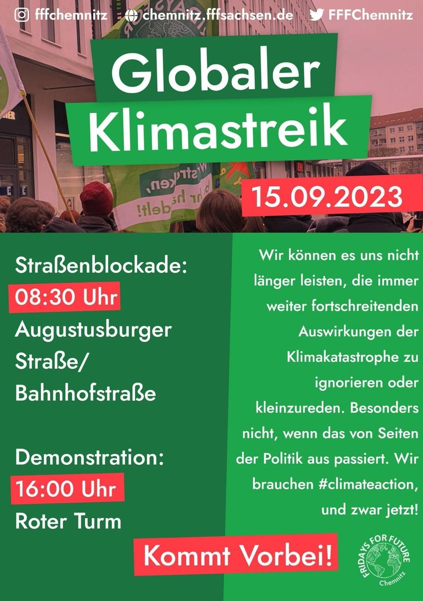 Du nimmst den Rechtsbruch der FDP und die Vernichtung unserer Lebensgrundlage nicht mehr hin? 
Dann komm am 15.09. um 16:00 zum Roten Turm und beteilige dich am Klimastreik von FFF Chemnitz! 

#Klimastreik #c1509 #FFF #FFFChemnitz