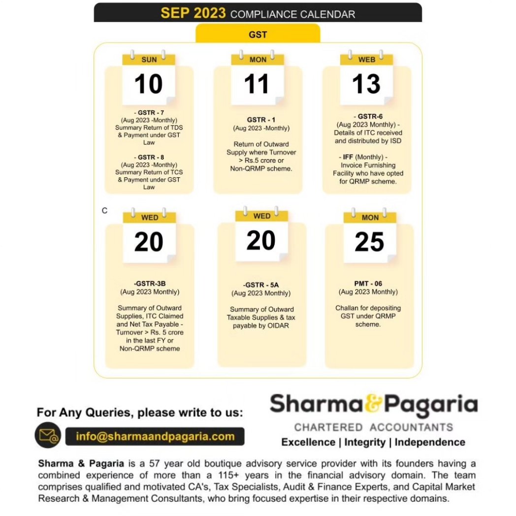 sharmapagaria's tweet photo. We have listed the key reporting forms and due dates on our corporate #compliancecalendar for Sept 2023.

Get in touch with our experts at +91 9611719707 or visit our website https://t.co/nuKt5CgsBa

#compliances #duedates #compliance #corporate #tds #tcs #GST #incometax https://t.co/a22oCwGfSI
