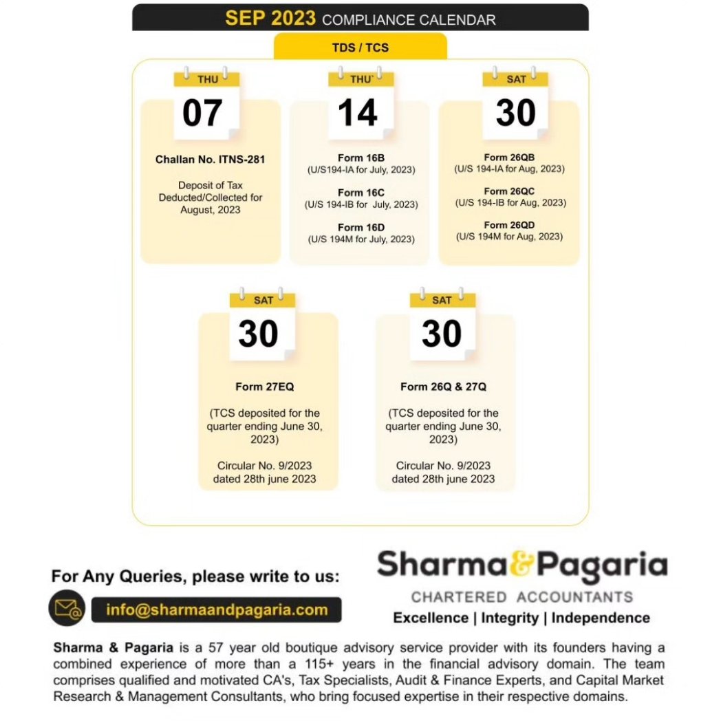 sharmapagaria's tweet photo. We have listed the key reporting forms and due dates on our corporate #compliancecalendar for Sept 2023.

Get in touch with our experts at +91 9611719707 or visit our website https://t.co/nuKt5CgsBa

#compliances #duedates #compliance #corporate #tds #tcs #GST #incometax https://t.co/a22oCwGfSI