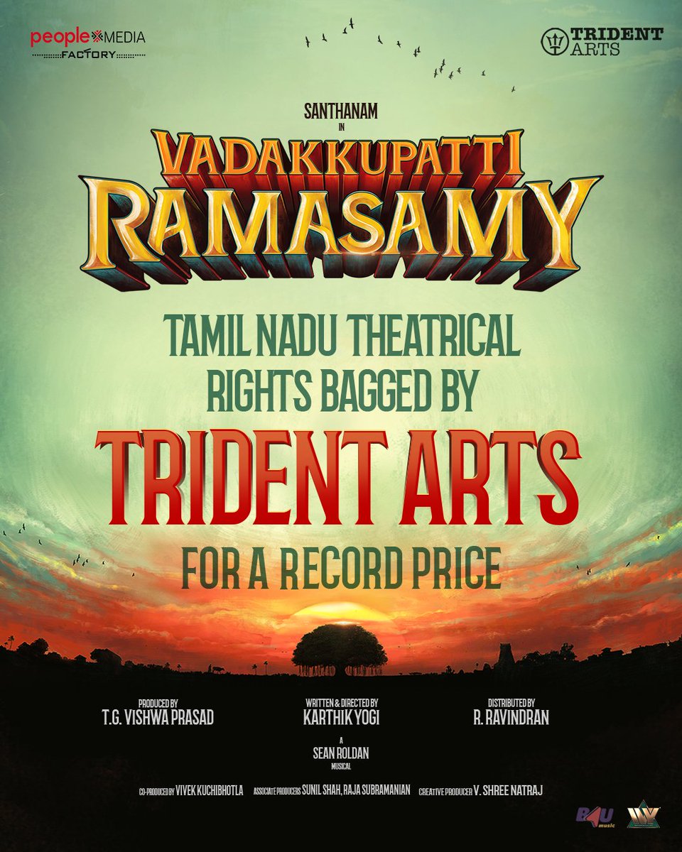 The TN Theatrical rights of our #VadakkupattiRamasamy is bagged by @tridentartsoffl for a whopping price!!! So happy to have Collaborated with #TridentArtsRavindran Sir for this movie Exciting updates soon... @iamsanthanam @karthikyogitw @akash_megha @peoplemediafcy…