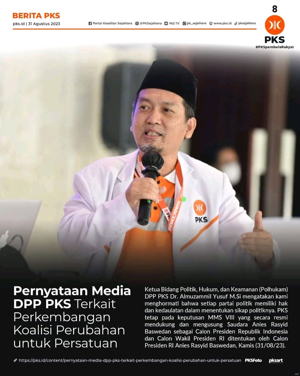 pksbogor's tweet photo. Pernyataan Media DPP PKS Terkait Perkembangan Koalisi Perubahan untuk Persatuan. 

PKS tetap berpegang kepada kesepakatan di dalam piagam Koalisi Perubahan untuk Persatuan (KPP). 

#PKSpembelaRakyat #PKSuntukIndonesia #PKSMenangAniesPresiden https://t.co/L7ijhRtOfO
