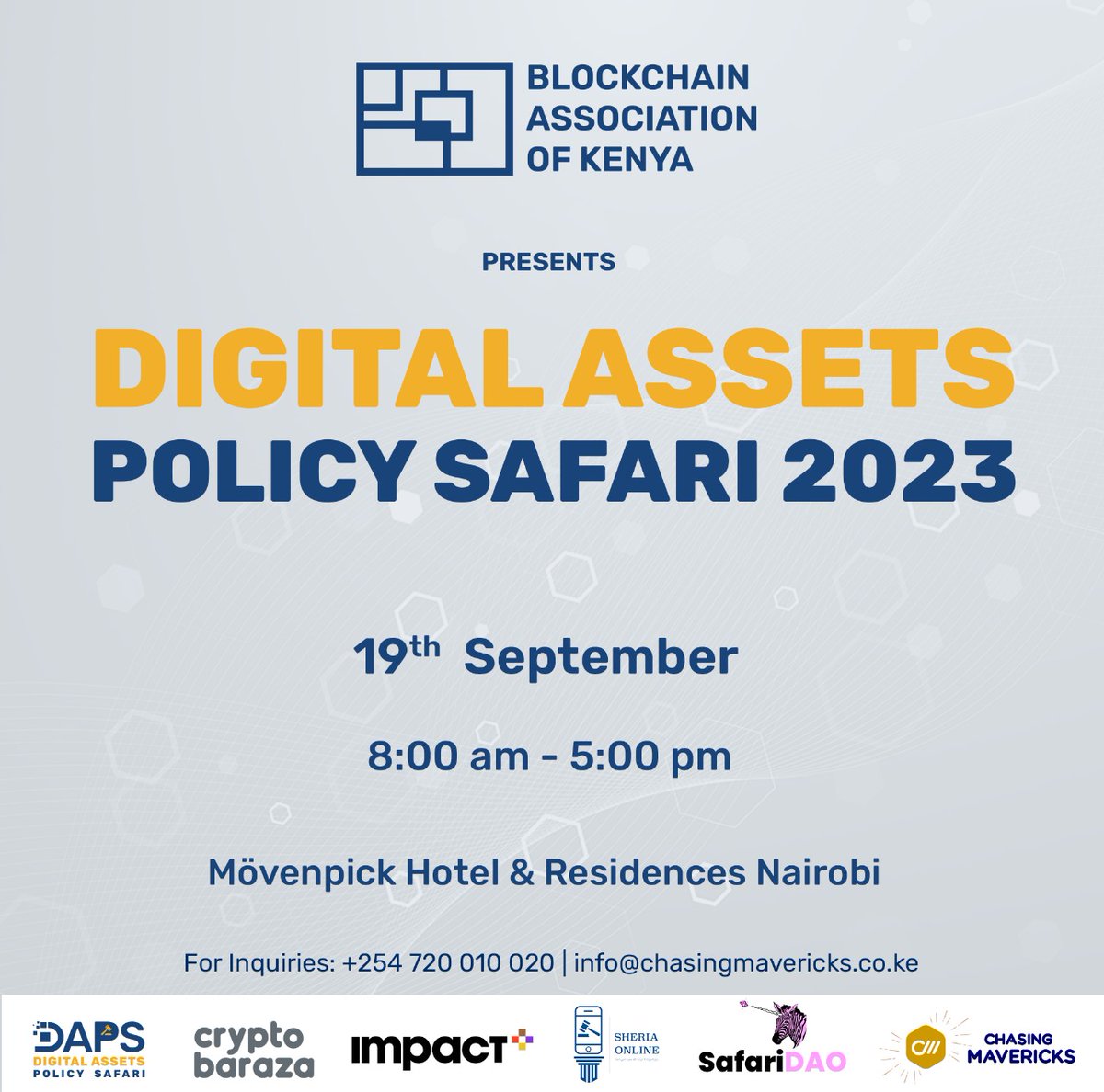 BlockchainKenya's tweet photo. In the spirit of lobbying, we are hosting digital asset stakeholders for a workshop to shape Kenyaโs national digital asset policy.
๐ Register for the #DigitalAssetsPolicySafari2023 here https://t.co/CLDZ24q9Q5
#DAPS2023 #BlockchainKenya #Web3Kenya #CryptoKenya https://t.co/GTOO5nUArx