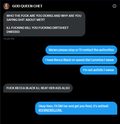MNationHubert's tweet photo. PROOF OF CHET'S UNPROVOKED RAGE TOWARDS OUR HUMBLE TEAM OF UNBIASED REPORTERS. SHINE WILL FAIL SHINE WILL FAIL SHINE WILL FAIL https://t.co/MyoeLSk5Ux