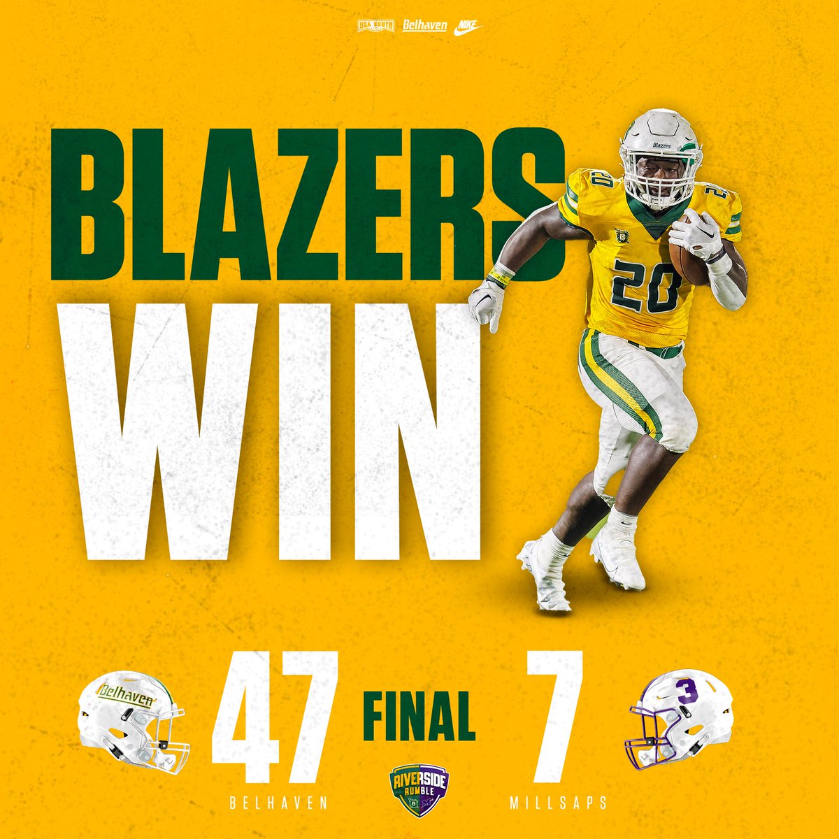 FB | FINAL | BEL 47, MIL 7 𝗧𝗛𝗘 𝗦𝗪𝗢𝗥𝗗𝗦 𝗦𝗧𝗔𝗬 𝗛𝗢𝗠𝗘 ⚔️ Belhaven cruises to a season-opening win and claims the Riverside Rumble for a 3rd straight season #GoGreen | #d3fb | @BelhavenFB