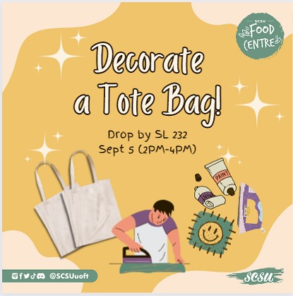 Elevate your grocery bag game and make a difference!

Join us at the SCSU Food Centre's upcoming event happening on Sept. 5th, 2023 at SL-232!. 🎨❤️ This is a great opportunity for you to personalize your grocery bags with more than 100 embroidered stickers to choose from!