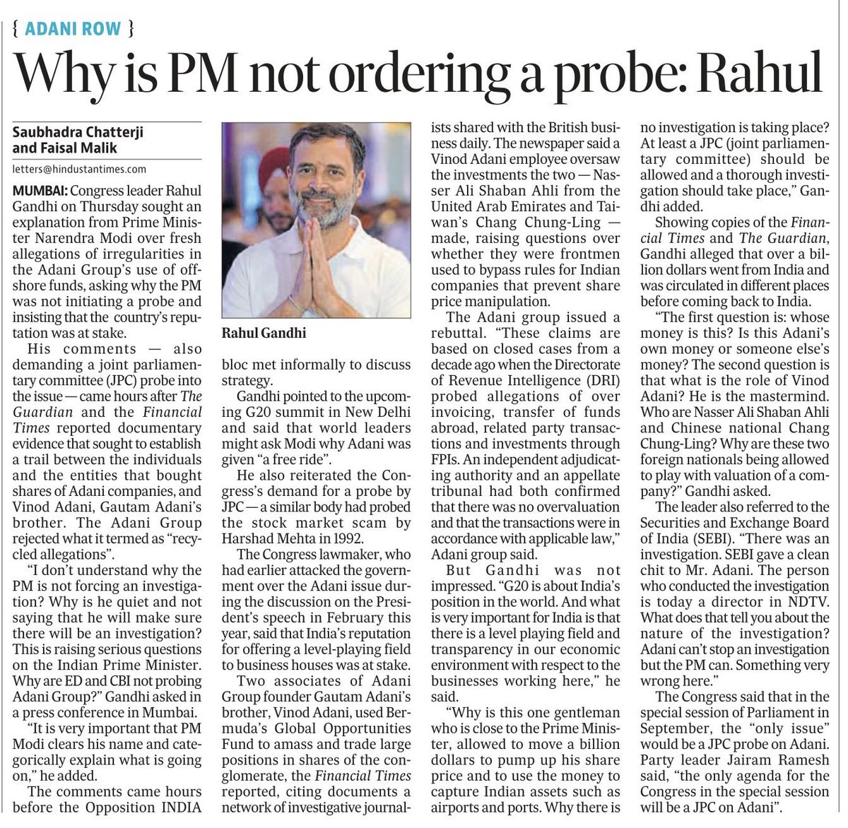 NehaKoppula's tweet photo. The question is why is the Prime Minister protecting one person like this? There is no difference of opinion among INDIA parties on the issue of JPC
- Shri. Rahul Gandhi
#TheAdaniFiles #AdaniScam2023 https://t.co/4XCvD4CJCr