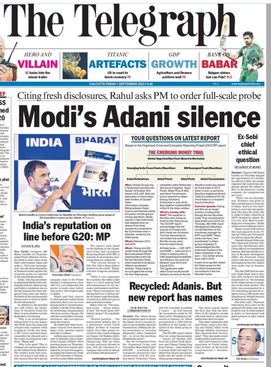 ये टेलीग्राफ मोदी जी को बहुत तंग करता है .
आए दिन ऐसी तीखी हेडलाइन लगा देता है ..
#AdaniGroup 
#AdaniScam 
#ModiGovernment
