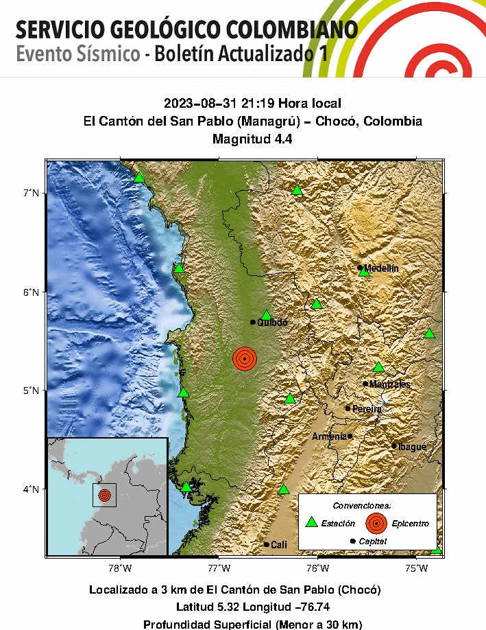 #SismosColombiaSGC Evento Sísmico - Boletín Actualizado 1, 2023-08-31, 21:19 hora local Magnitud 4.4, Profundidad Superficial (Menor a 30 km), El Cantón del San Pablo (Managrú) - Chocó, Co... ¿Sintió este sismo? repórtelo sismosentido.sgc.gov.co sgc.gov.co