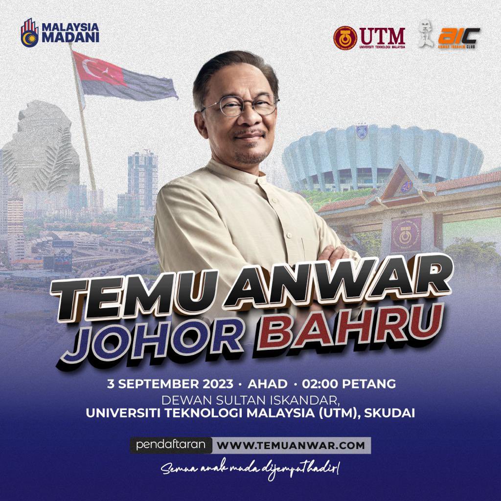 anwaribrahim's tweet photo. Ayuh warga Johor Bahru ikut serta dalam sesi Temu Anwar yang akan diadakan Ahad ini bersamaan 3 September 2023 bertempat di Universiti Teknologi Malaysia (UTM) Skudai.

Seperti kelaziman, peserta yang hadir diberi ruang secara terus untuk bertanyakan apa jua soalan kepada saya.

Insya-Allah, ruang ini kita gunakan sebaiknya dalam mencambah budaya wacana yang sihat dan segar.

Pendaftaran boleh dibuat menerusi laman web https://t.co/D3edov05ss.

Kita jumpa Ahad ini! 

#MalaysiaMADANI 
#TemuAnwar