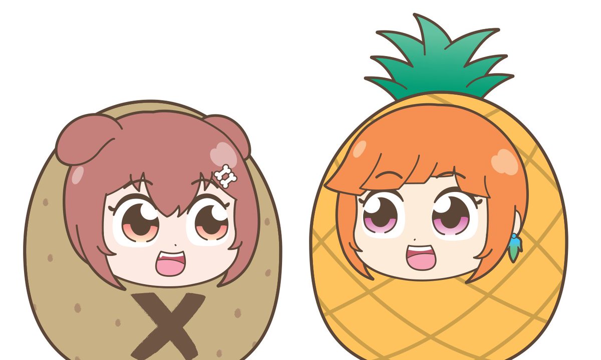 inugami korone ,takanashi kiara multiple girls 2girls orange hair hair ornament brown hair animal ears food  illustration images