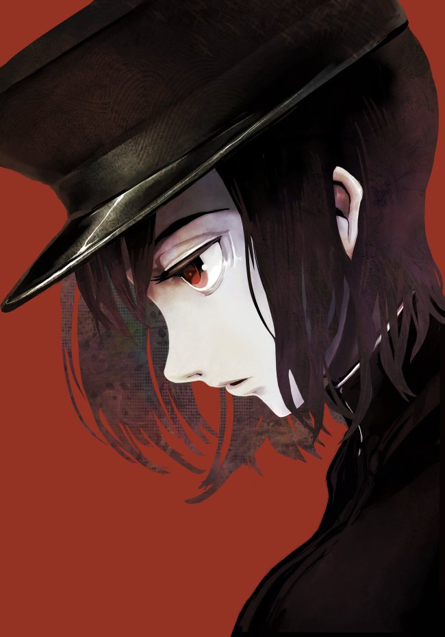 akitsu maru (kancolle) 1girl solo hat red background short hair black hair uniform  illustration images