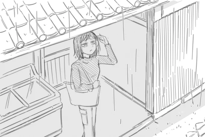 雨宿りする くまの の落書きです📝  駐車場まで走るべきかしばらく待つか迷っています🥴 