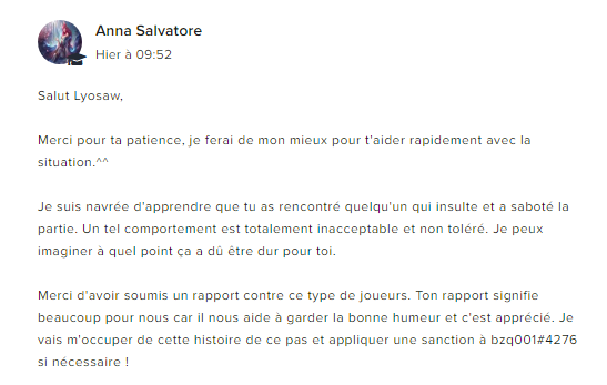 Lyosaw's tweet image. Salut @RiotGamesFrance, j'aimerai savoir en quoi le joueur que j'ai report ne mérite pas de ban là ? (Son historique indique qu'il a pu jouer bien tranquillement, quelques heures après que mon report ai été traité). Vous acceptez les sexistes où il s'agit d'une erreur ? (1/2)