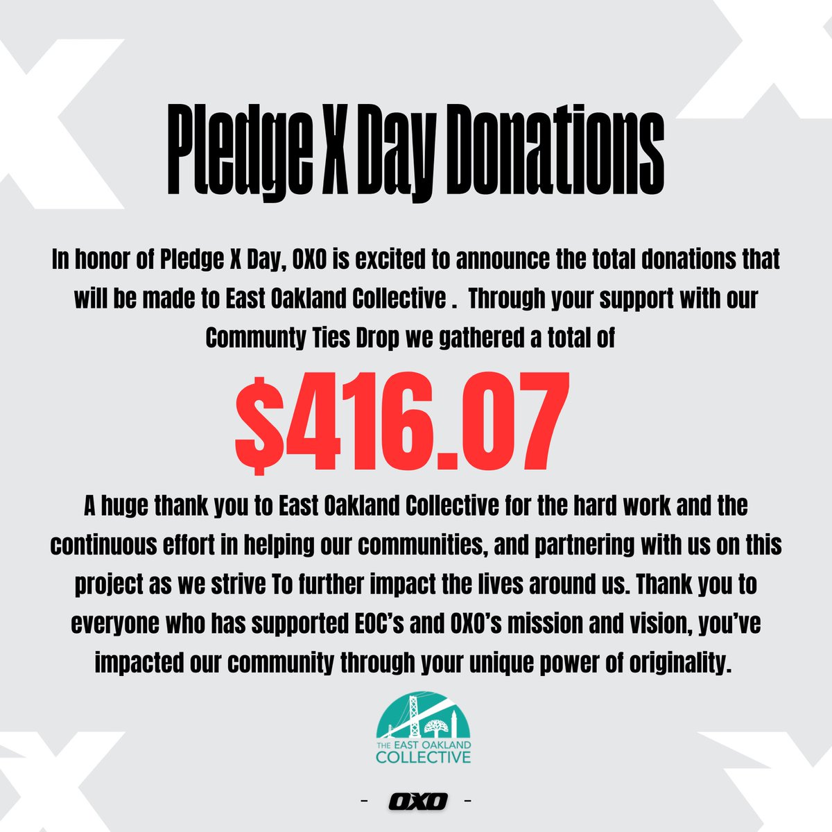 OriginXOpp's tweet photo. Our Pledge X initiative is at the heart of OXO fashion- we believe in creating a culture of community engagement and self improvement. As part of the Community Ties Drop, we made a pledge to donate a portion of proceeds to our non-profit partner, East Oakland Collective. https://t.co/6E8z6WDmDG