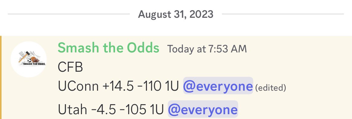 SmashOdds's tweet image. These plays were 2-0 and fairly comfortable winners #NCAAF  #CFB #freeplay #betting #GamblingTwitter 

UConn +14.5 1U ✅
Utah -4.5 1U ✅