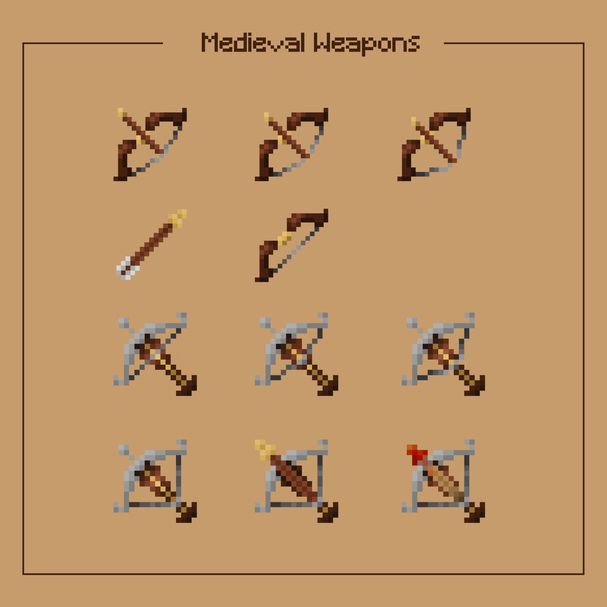 ora_tron_design's tweet photo. Some of our Weapons🏹 items collection design from Medieval Texture Pack.

#minecraft #minecraftitems #pixelart #medieval #texturepack #weapons #weaponpixelart #medievalweapon #OraTronDesign https://t.co/eliEs4ADab