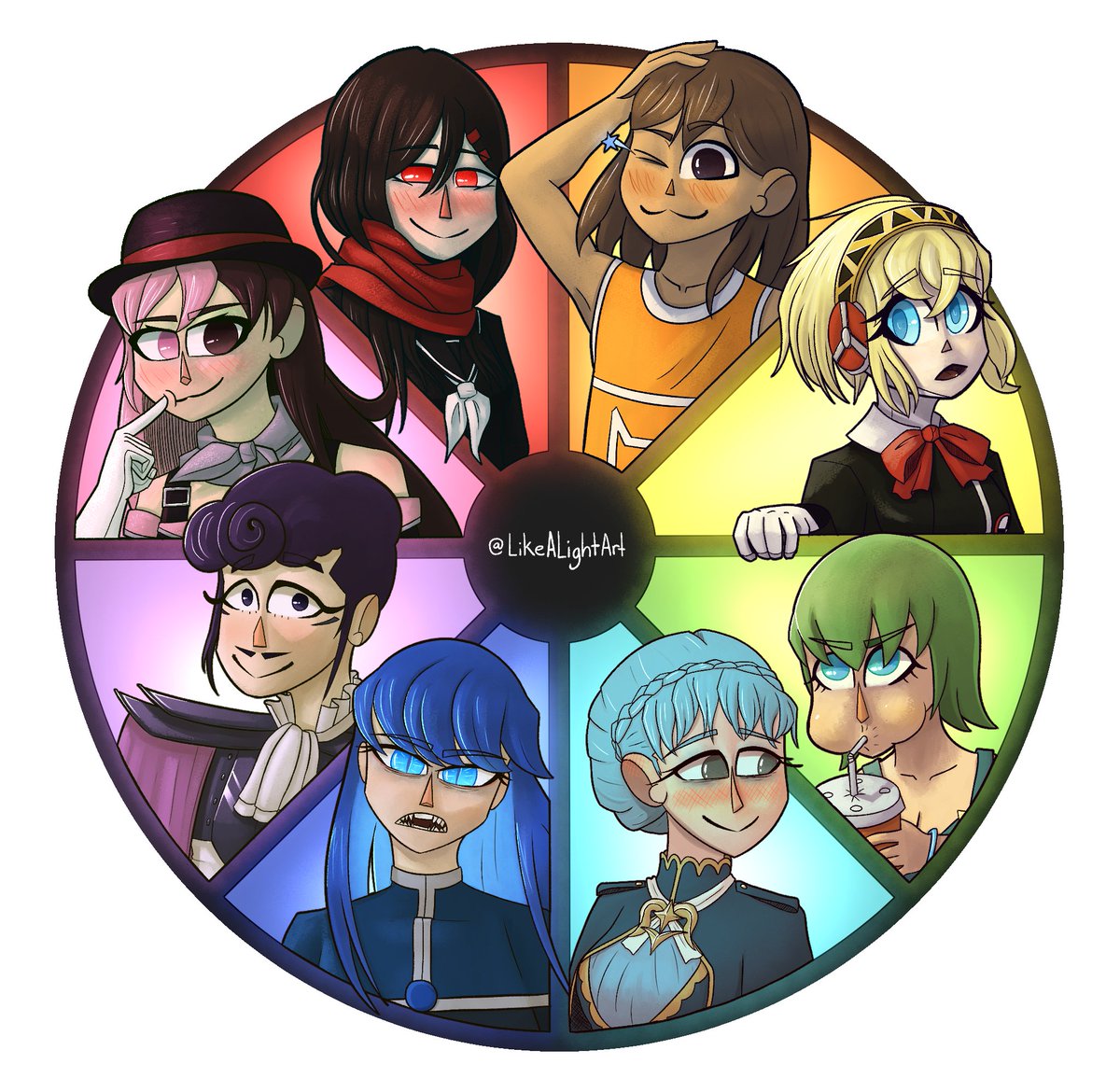 LikeALightArt's tweet photo. Behold, my color wheel is finished! Final is Neo, from good ol' RWBY!
Feeling pretty good about it overall, honestly. https://t.co/dKd2XaF2TC