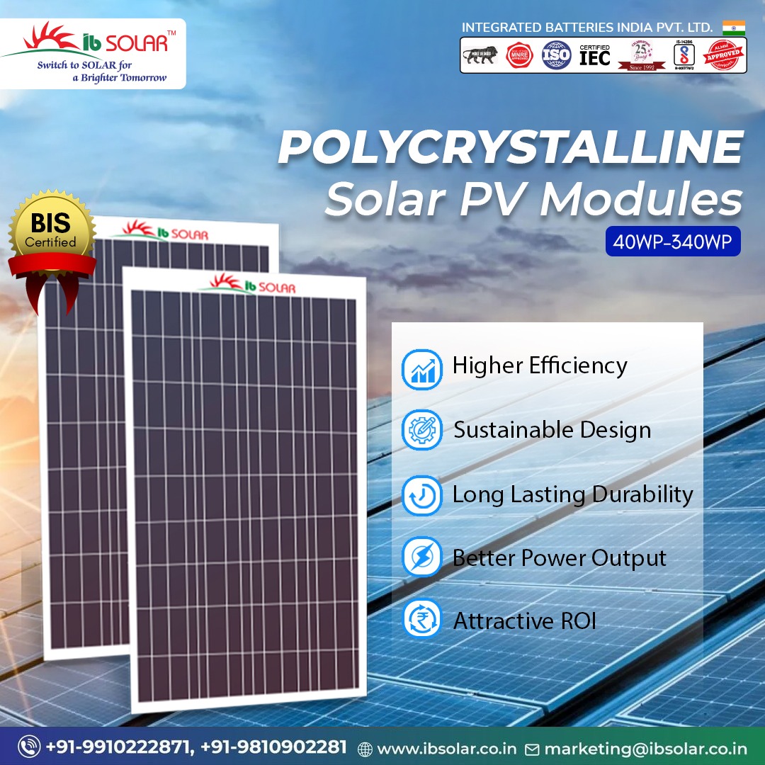 Manufactured under state-of-the art facility, approved by BIS & ALMM, IB Polycrystalline panels 

For more orders:
visit: ibsolar.co.in
call us at +919910222871, +919810902281

#solarindia #ibsolar #mono #monopanels #polypanels #bis #almm #almmapproved