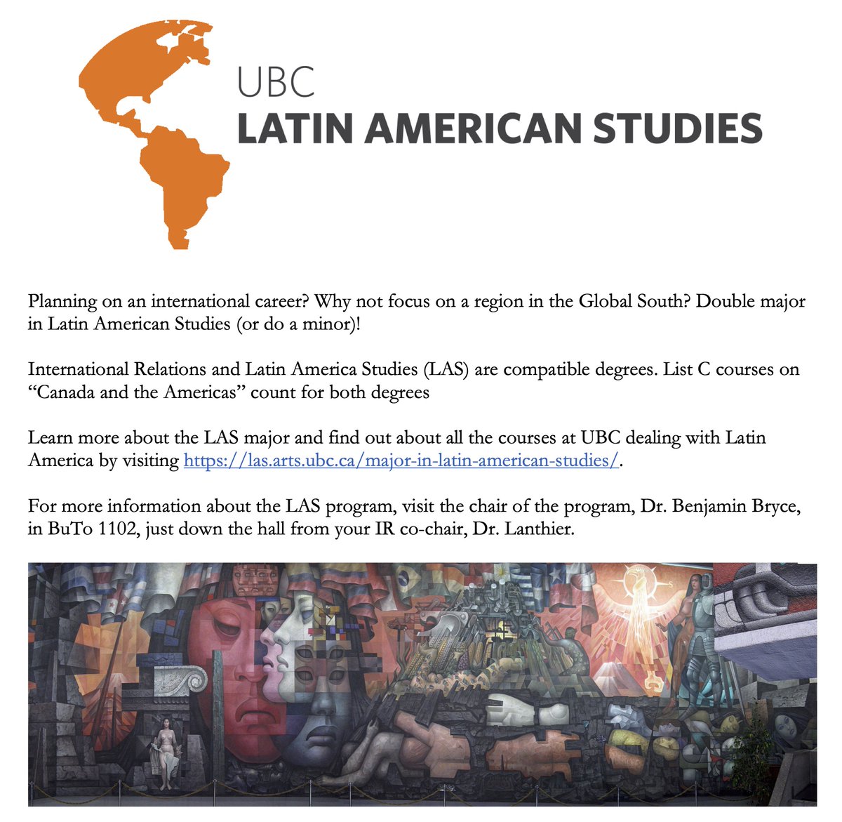 Majoring in IR <a href="/UBCIR/">UBC IR Program</a>? Think about a double major in Latin American Studies! List C courses on “Canada and the Americas” count for both degrees: ANTH 353. GEOG 395. HIST 357, 358, 450, 451, 453. LAST 301, 303. POLI 332