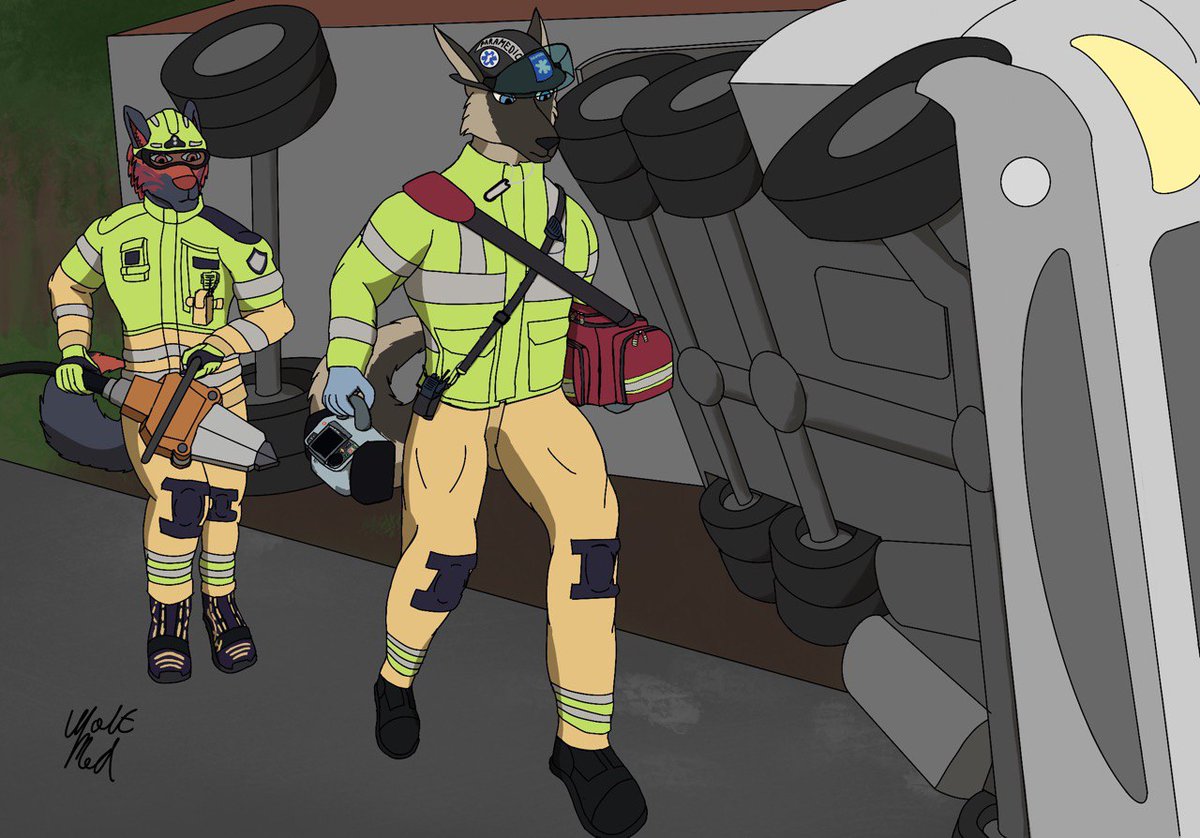 Medicshep's tweet photo. "Let's cut him out and get him out of there"... A semi truck ripped along the highway and the driver is entrapped inside the cab 

The German shepherd paramedic 🚑: me 

The fire boyo fallowing me is🧯: @DakotaRW3 

Art 🎨: @wolfmed17 https://t.co/JOiZAaOJNe
