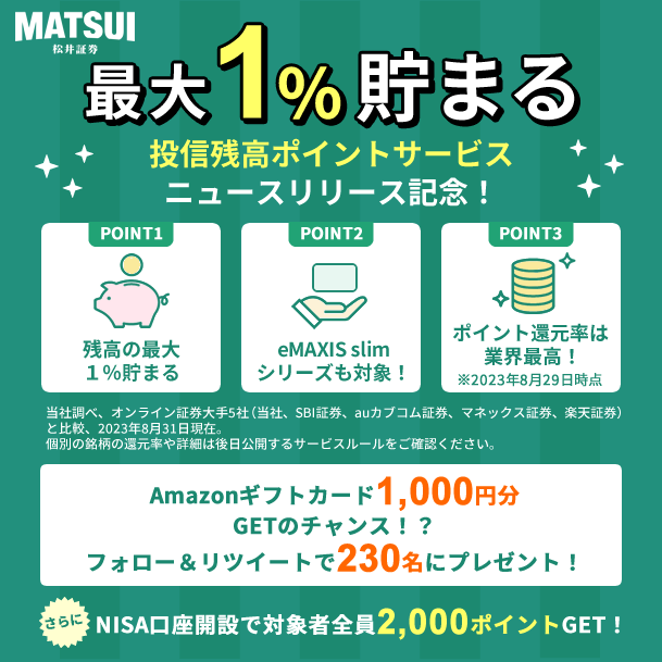 最大１％貯まる投信残高ポイントサービスリリース記念✨

この投稿を見たあなた！👀
Amazonギフトカード1,000円分を当てよう！

■条件
⓵本アカウントをフォロー
②この投稿をRT　だけ！

■対象期間　 9/1～9/25 17:00まで
■景品付与　10/31頃DMにて送付

サービス詳細は👉matsui.co.jp/news/2023/deta…