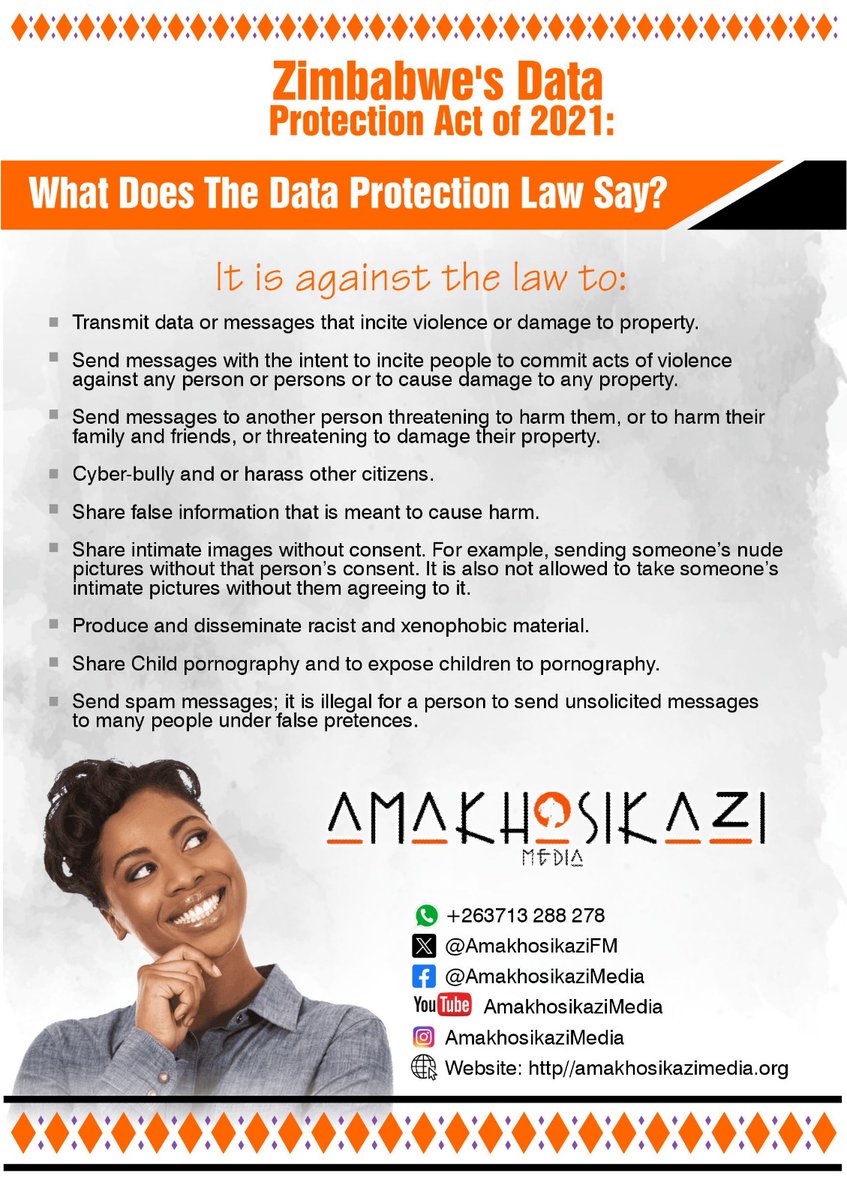 Do you know how Zimbabwe's Data Protection Act protects you as a woman from cyber bullying and online gender based harassment?

Follow our campaign to find out #ZwakalaMama 
#OnlineSafety #DigitalFreedomforwomen
