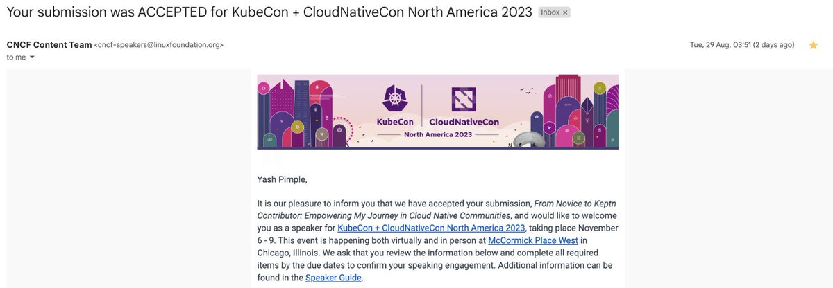 Thrilled to share got my #KubeCon Talk Accepted!

Will be presenting at Kubecon for the very first time. Honoured to have my talk accepted for #KubeCon + #CloudNativeCon 2023 in Chicago!
'From Novice to #Keptn Contributor: Empowering My Journey in #CloudNative Communities'