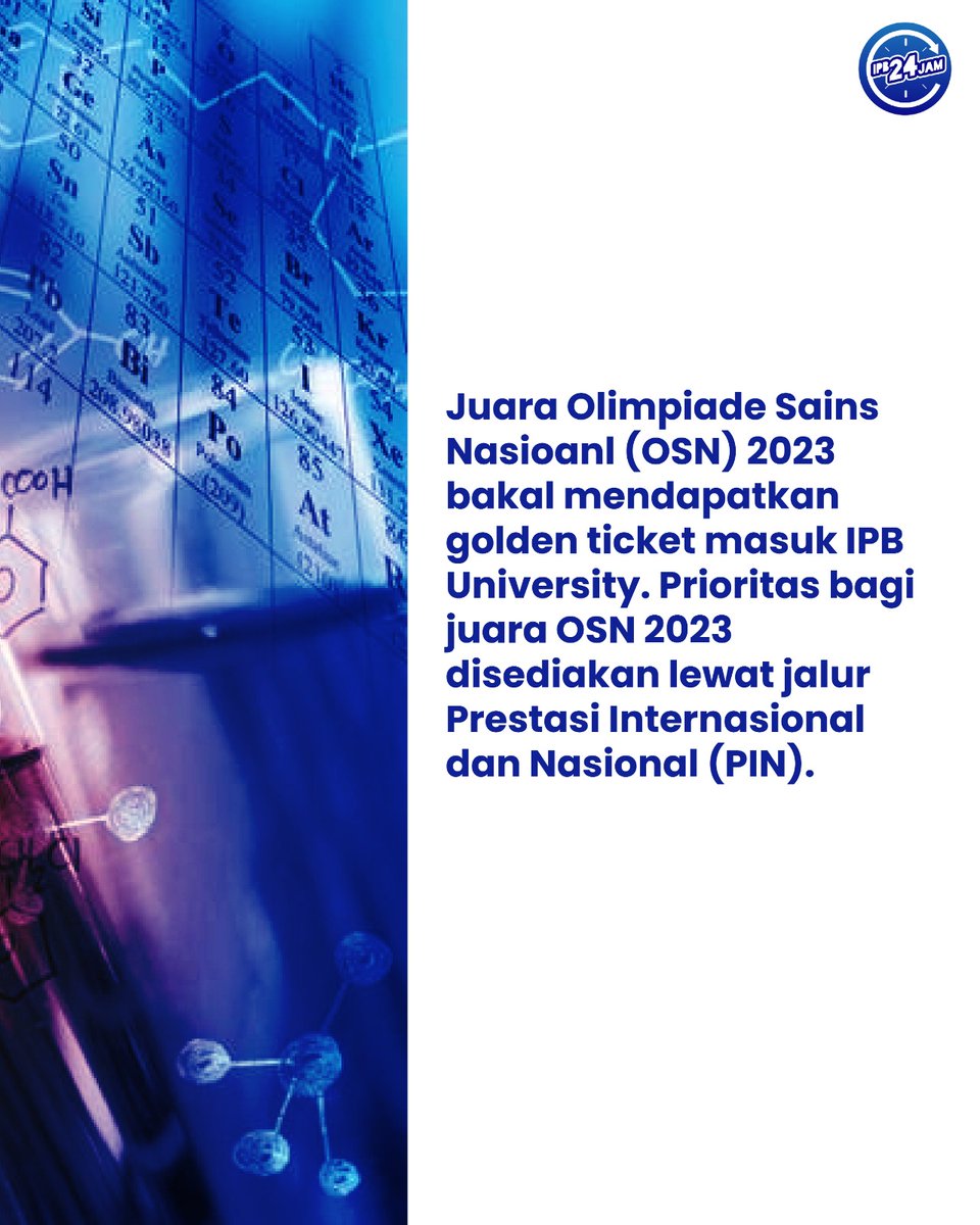 IPB24JAM's tweet photo. Juara Olimpiade Sains Nasional sudah ditunggu masuk IPB lewat jalur Golden Ticket
#IPB60TH #ipb24jam https://t.co/Jw9hrAXeyU