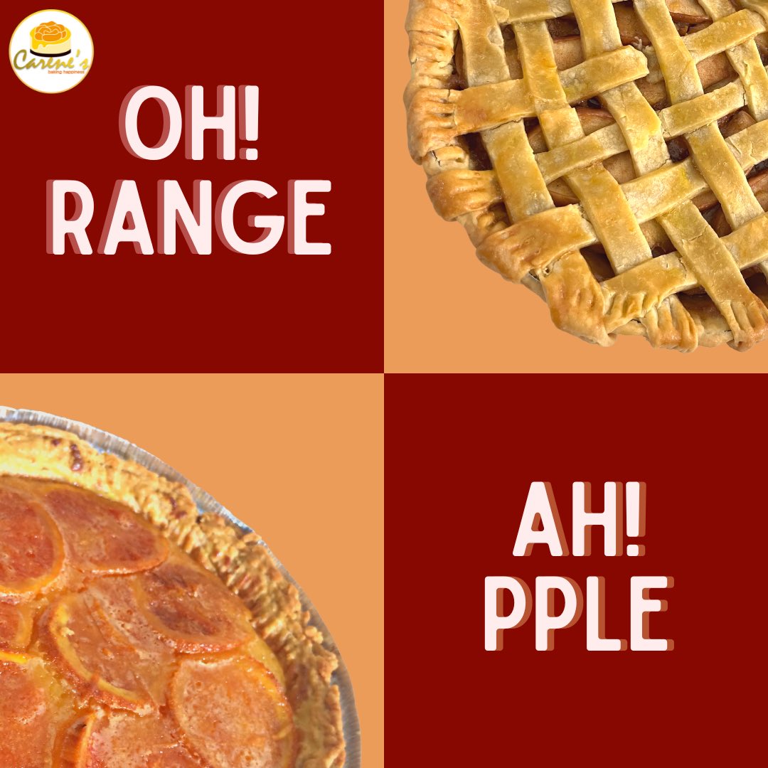 Carenes201907's tweet photo. Don't stress too much! The week's AH-lmost OH-ver! 😉
You can go OH! and AH! this #Friday with Carene's OHverflowing and AHmazing PIES!
Give yourself a break and a PIE!
#Apple - P550
#Orange Cream- P600
Have a fAHntastic day!!
Carene's-- #bakinghapiness https://t.co/U2CkTV70Bk