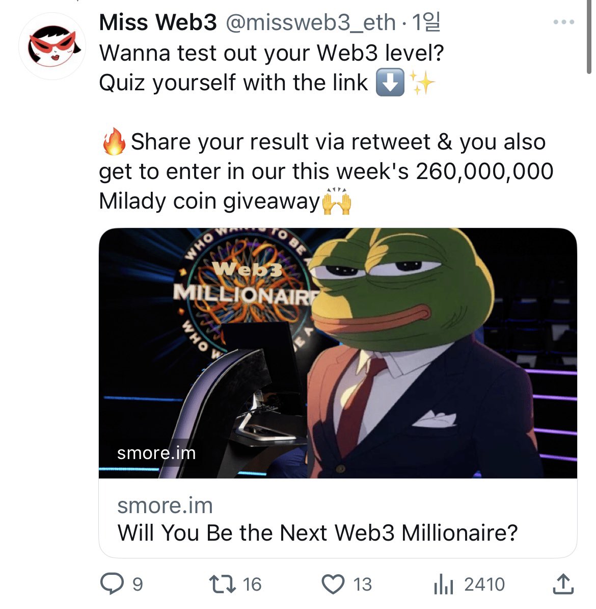 missweb3_eth's tweet photo. Thank you everyone for participating in this week’s event!🤍

Congrats @MairaMotwani @LaelLockett1877 @777Mugiwara @defiengr for winning 260,000,000 Milady coins as prize🎉

Please send me your wallet address via DM:) Thanks again for taking part! https://t.co/jxIoE6AOcl