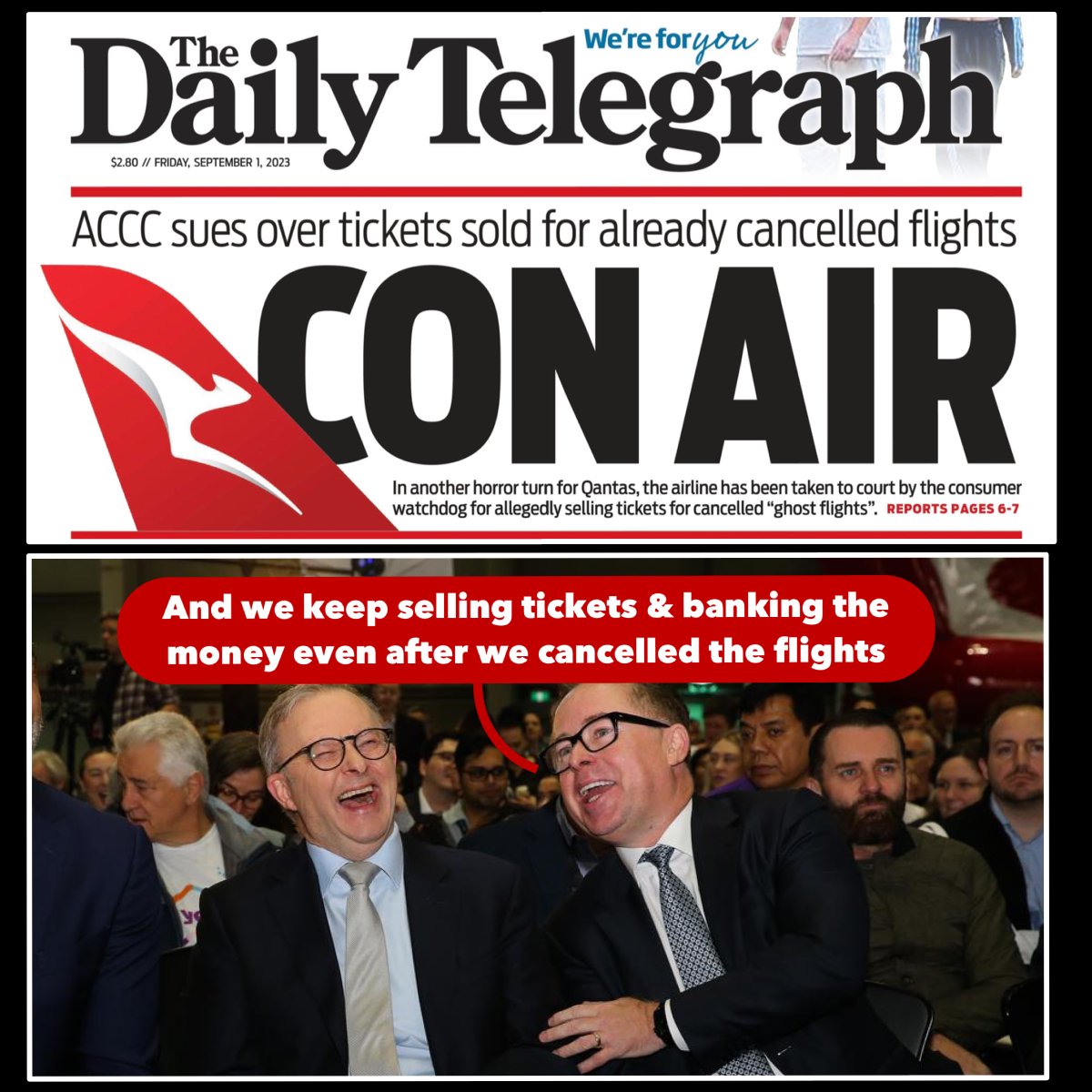 But Qantas needed the extra cash to help fund their woke agenda including free flights for YES campaigners and Chairman’s Lounge membership for Albanese’s family members. smh.com.au/business/compa… The head of the consumer watchdog has said Qantas should pay a penalty of hundreds